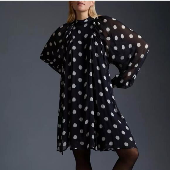 Anthropologie Maeve black white polka dot dress open back sheer sleeves sz xs - Picture 4 of 13